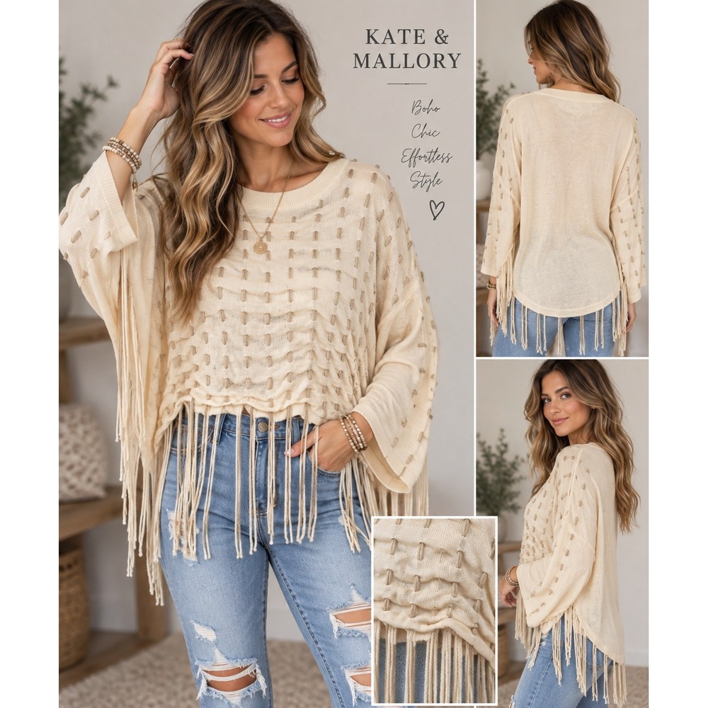 Kate & Mallory Sweater Fringe Textured Knit Boho Cream Ivory Medium